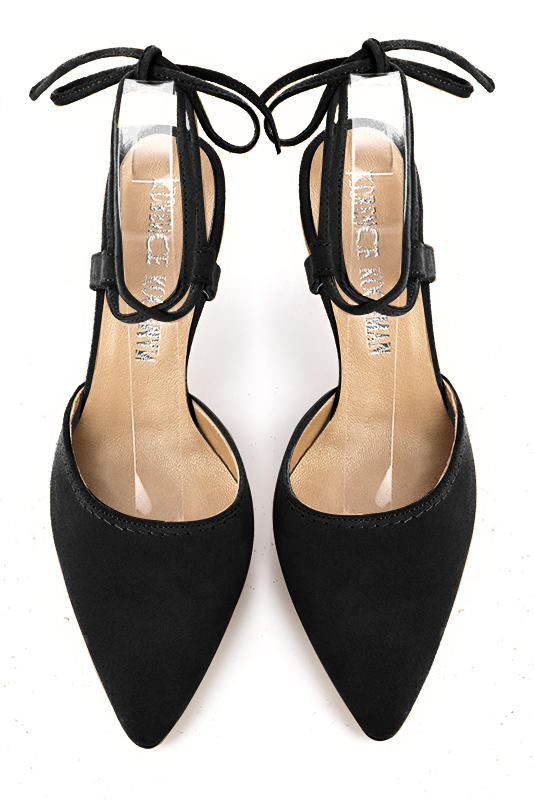 Matt black women's open back shoes, with crossed straps. Tapered toe. High comma heels. Top view - Florence KOOIJMAN